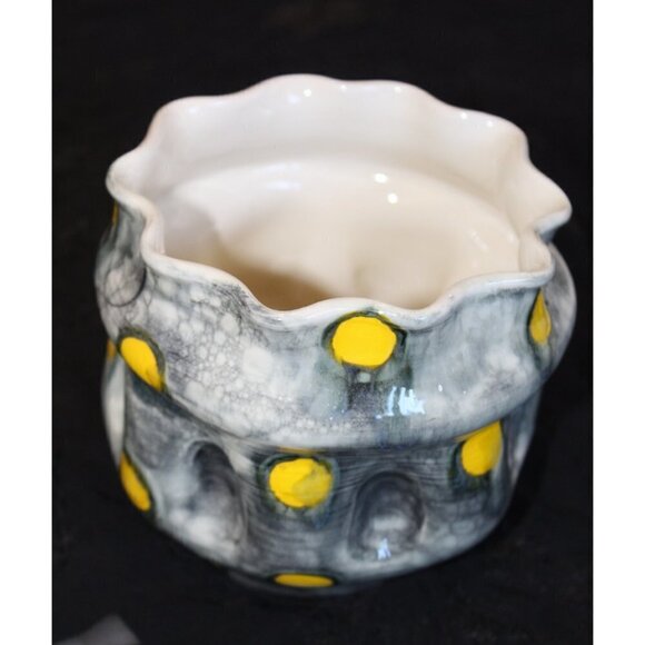 Polka dots Ceramic Black & Yellow Altered Vase Bubble Technique Organic Shape - Picture 2 of 11